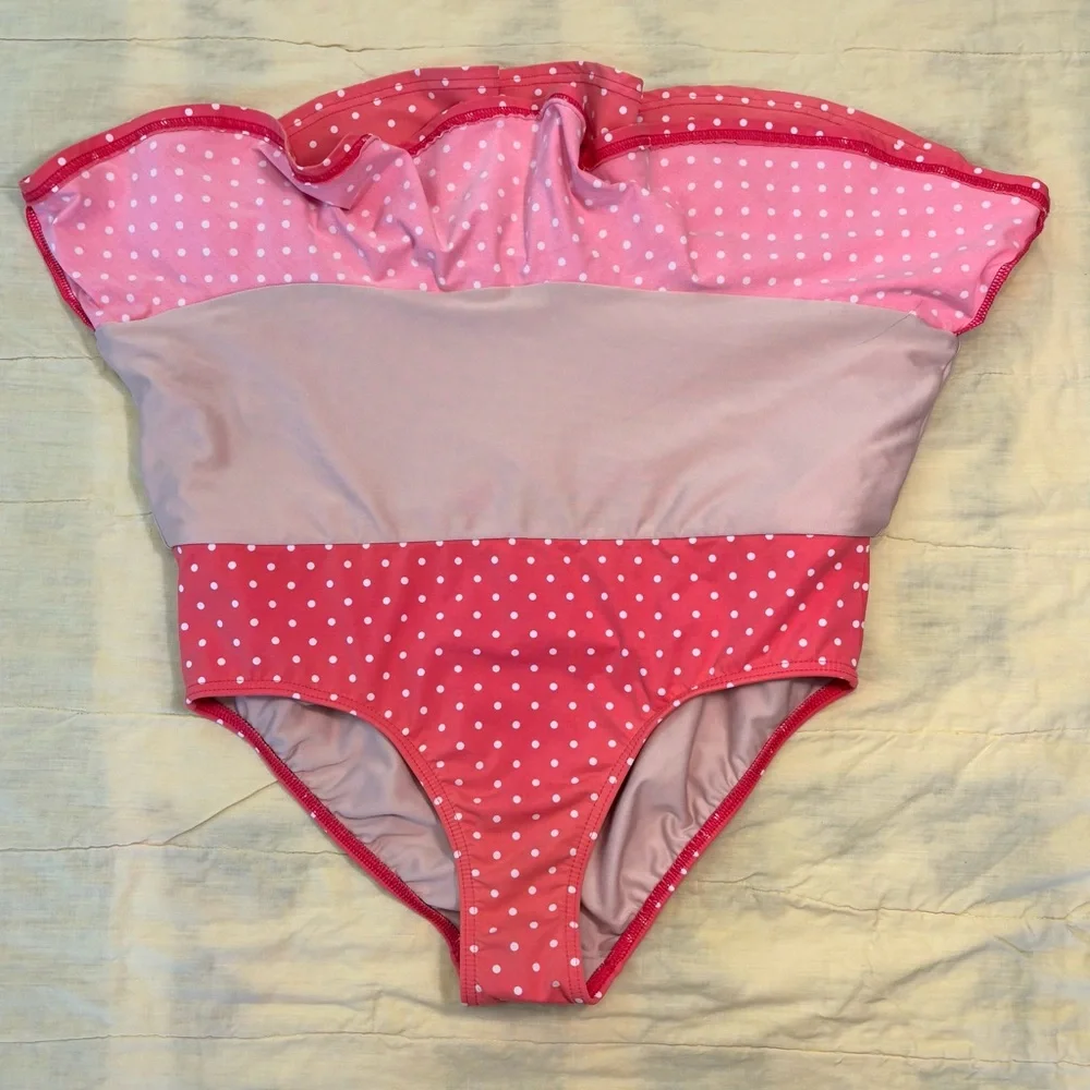 EUC Lands' End Peach Polka Dot Ruffle Swim Skirt, Women Sz 10, Built-in Panty - Picture 7 of 15